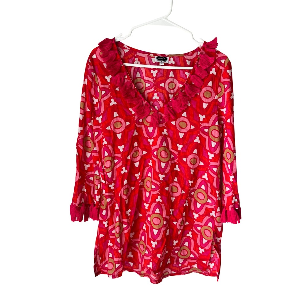 Mud Pie Red Pink Geometric Tassel Trim V-Neck Cotton Tunic Top Small 4-6